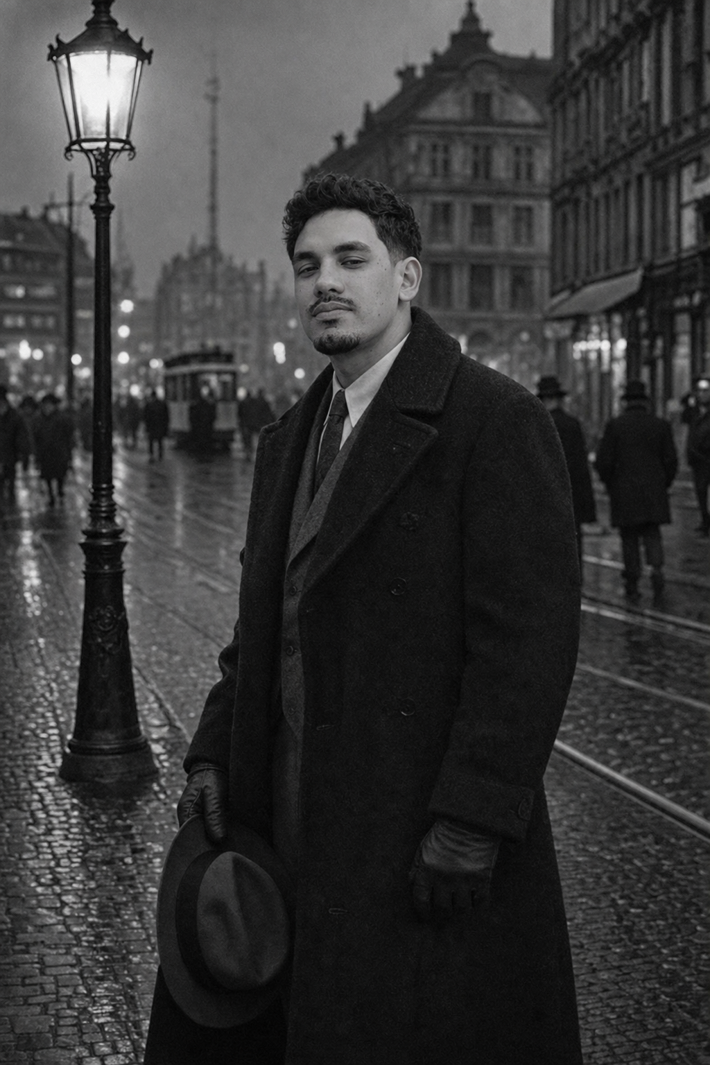 Mateo en una calle lluviosa de Berlín en 1933