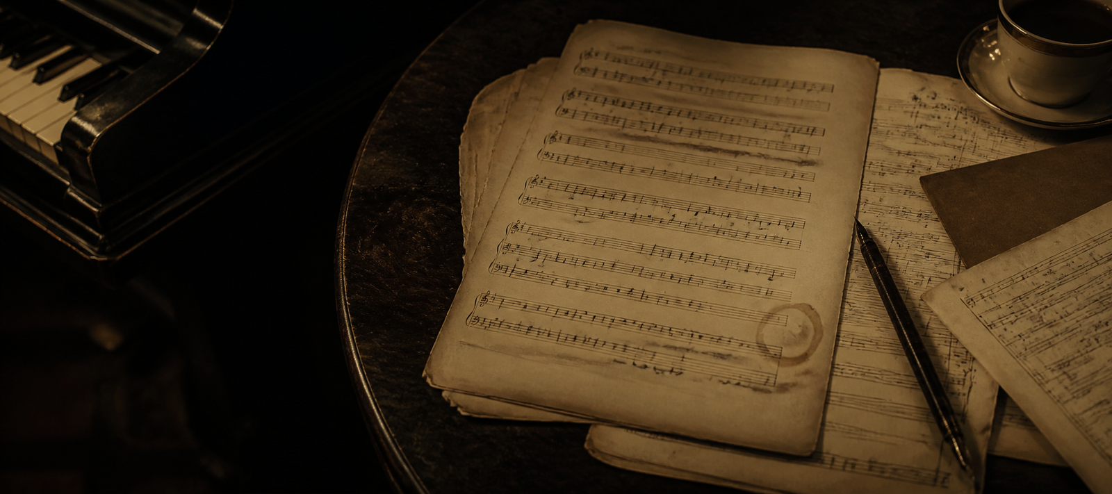 Partitura de piano envejecida sobre la mesa del Café Forajido