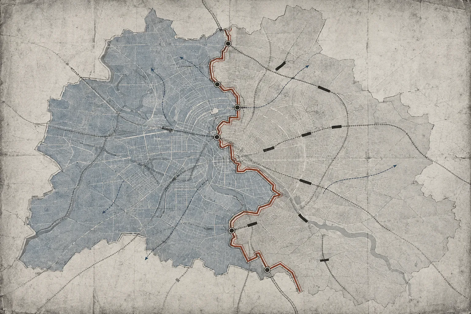Mapa de Berlín dividido por el Muro y sus pasos fronterizos