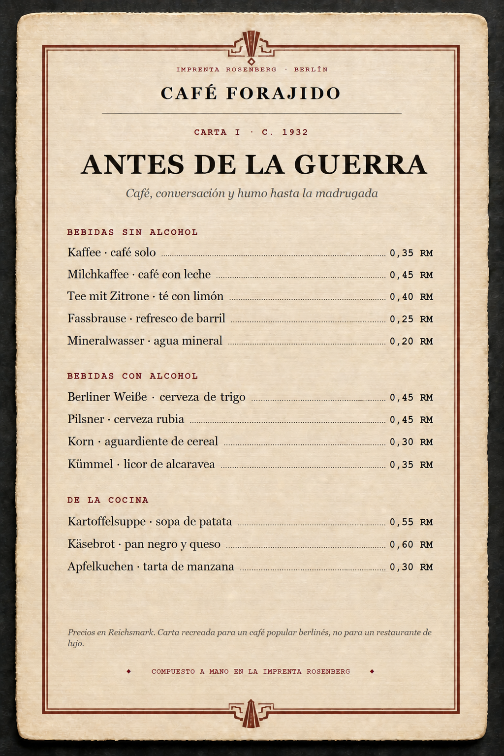 Carta del Café Forajido antes de la guerra, Berlín 1932