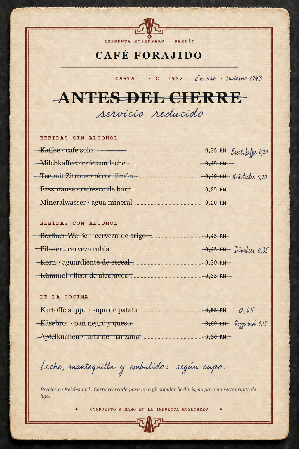 Carta del Café Forajido durante la guerra, Berlín 1943