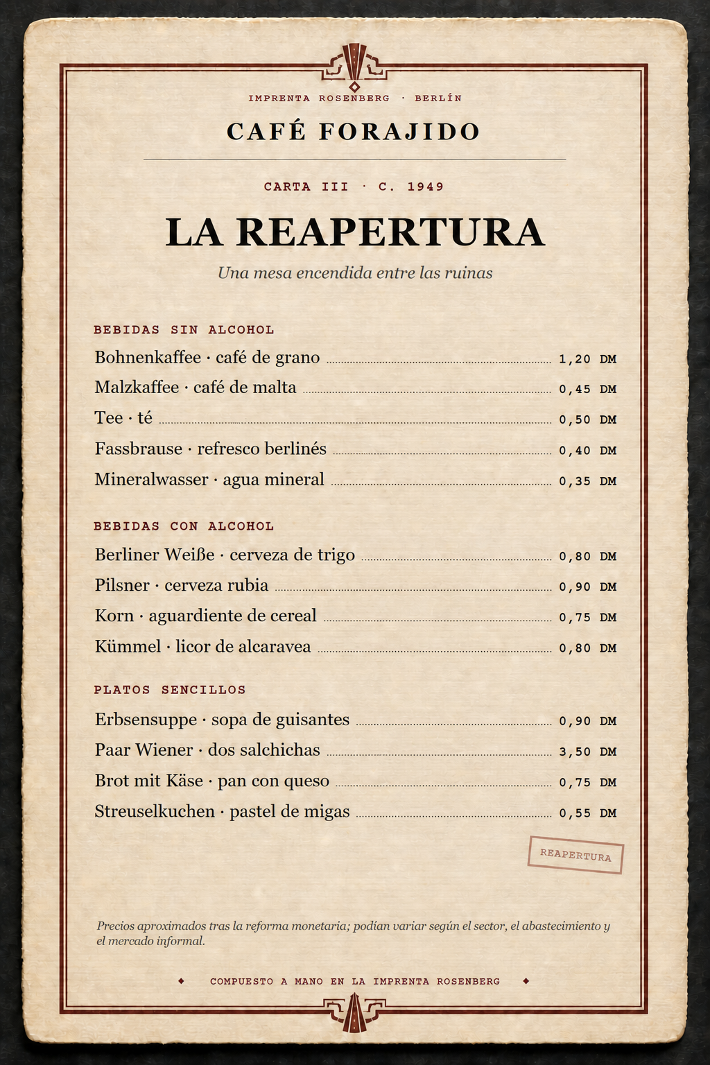 Carta del Café Forajido en la reapertura, Berlín 1949