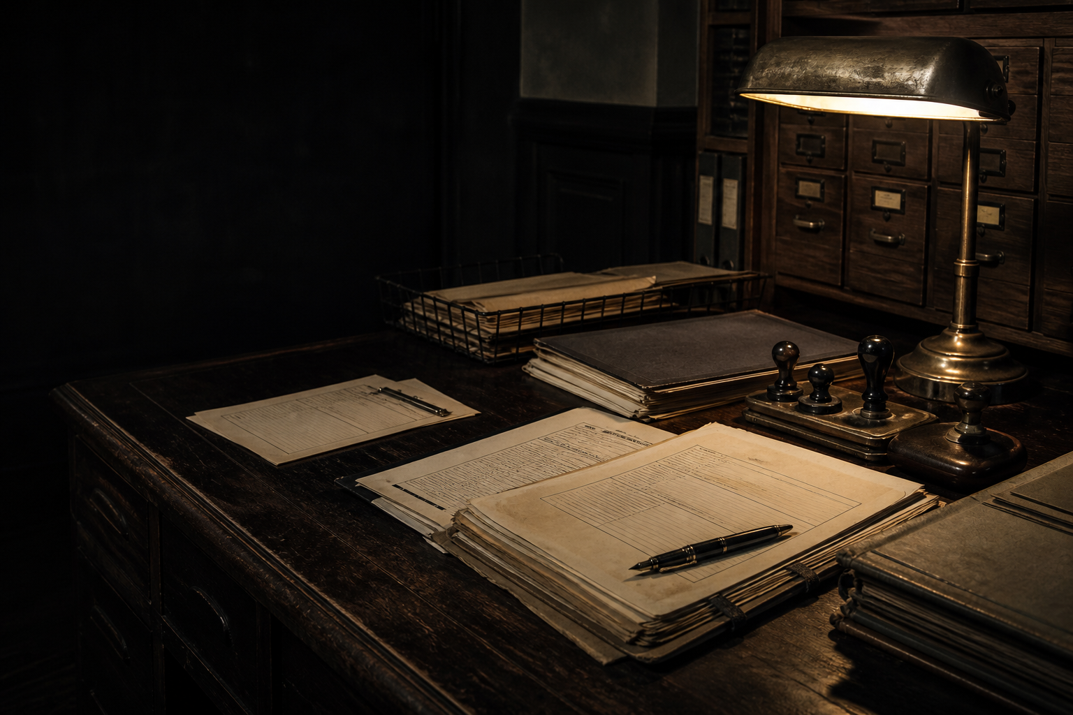 Mesa de expedientes que representa el archivo de Klaus